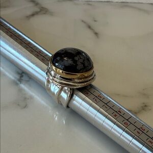 RLM studios snowflake obsidian ring with silver and brass setting, size 6